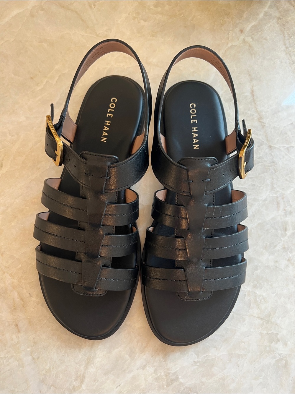 Cole Haan Black Leather Multi-Strap Slingback Sandals with Gold Buckle